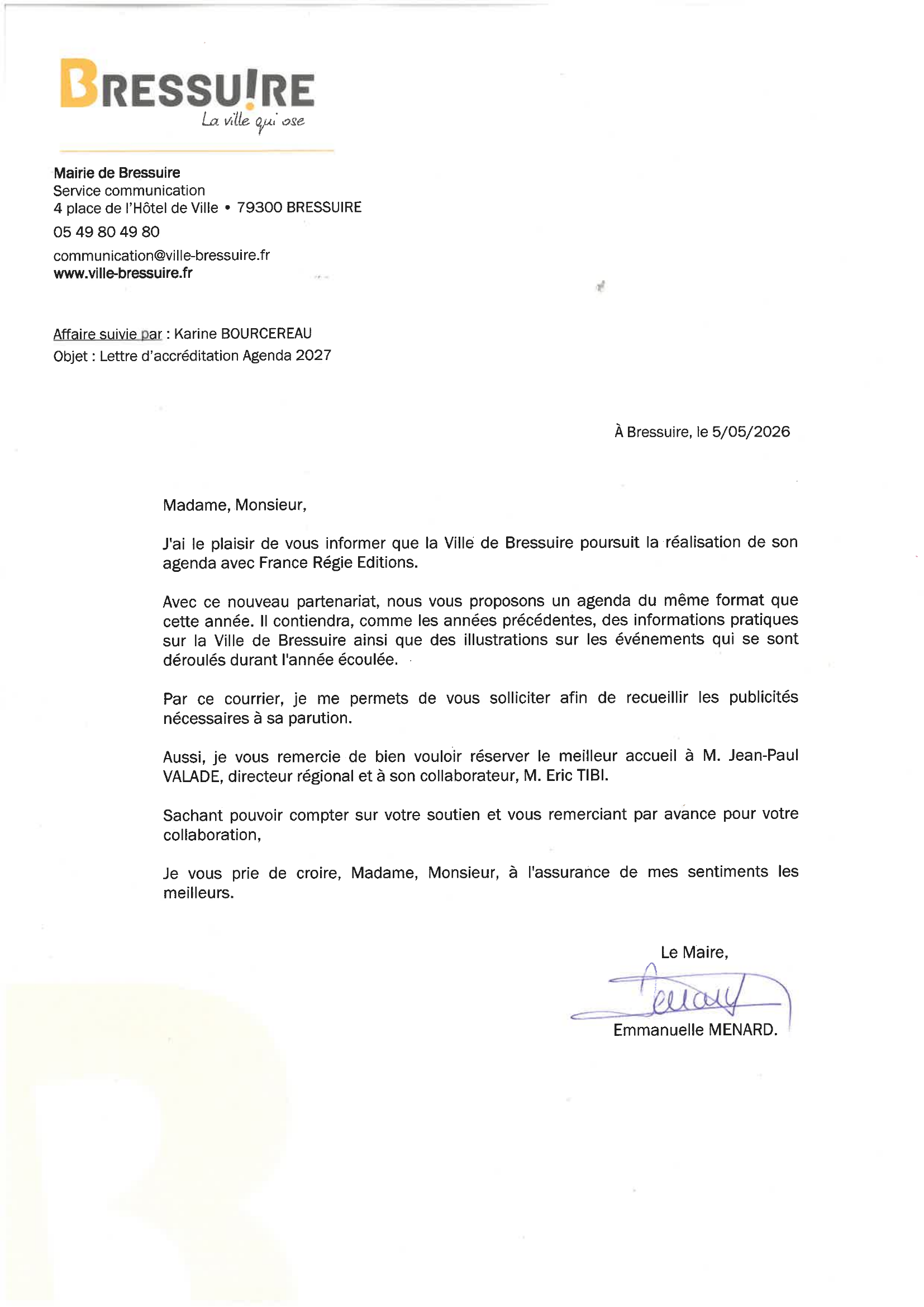 Lettre d'accréditation officielle de la Mairie de Bressuire pour l'agenda 2027